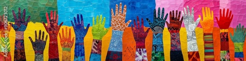 Vibrant Multicultural Mural: Diverse Hands Reaching Out in Unity. Colorful DEIB Artwork Celebrating Community Spirit and Inclusivity. Creative AI-Generated 4K Wallpaper for Advertising and Marketing C