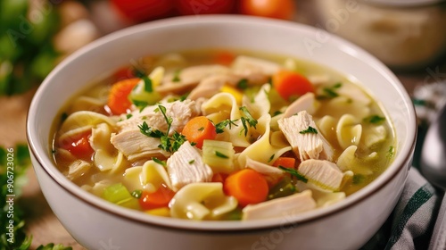 Hearty bowl of chicken noodle soup with tender chicken and fresh vegetables.