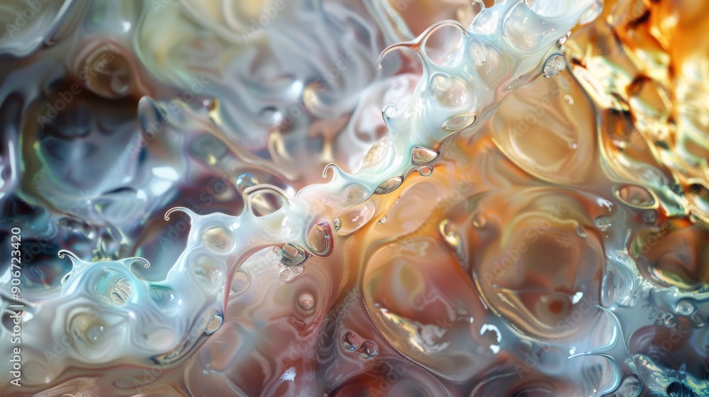 Glossy, colorful liquid in abstract close-up with soft focus and reflective highlights, 3d background Glossy, colorful liquid in abstract close-up with soft focus and reflective highlights, 3d background