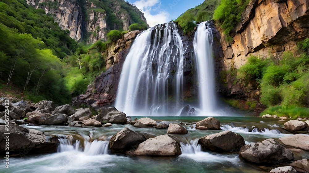 Fototapeta premium Beautiful mountain waterfalling background image and use it as your wallpaper. Ai generative
