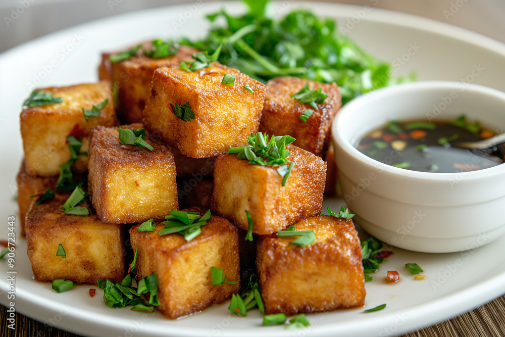 crispy fried tofu on a white plate crispy fried tofu on a white plate