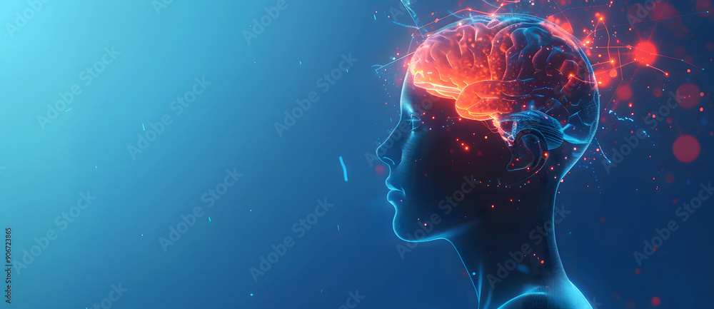Gold High-Tech Digital Brain with Low Poly Wireframe on Blue Background. 3D Render with Polygon Mesh design Gold High-Tech Digital Brain with Low Poly Wireframe on Blue Background. 3D Render with Polygon Mesh design