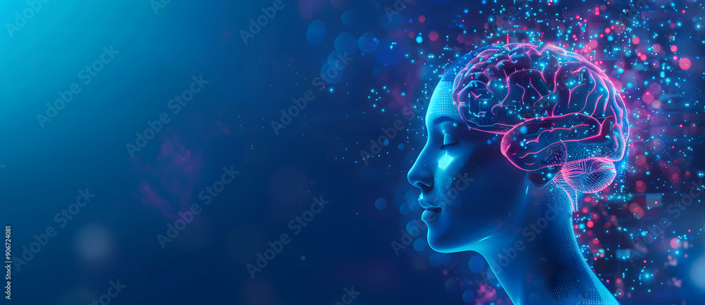 Obraz premium Gold High-Tech Digital Brain with Low Poly Wireframe on Blue Background. 3D Render with Polygon Mesh design