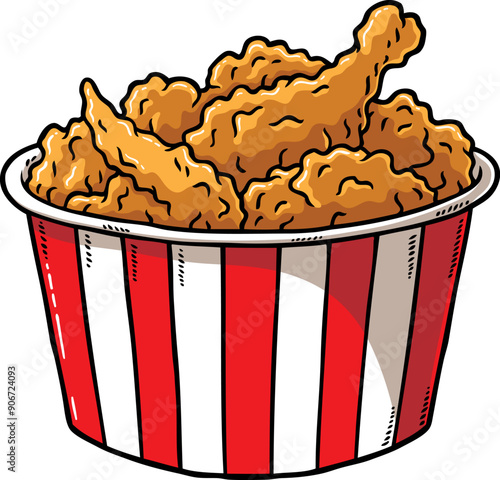 Hand Drawn Vector Cartoon Bucket Of Fried Chicken