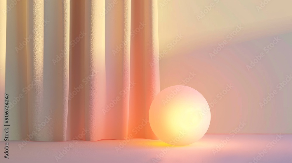Minimalist room with glowing spherical lamp and soft lighting against a neutral curtain backdrop Minimalist room with glowing spherical lamp and soft lighting against a neutral curtain backdrop