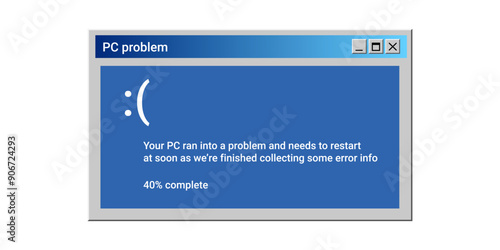Critical error of operating system. Blue screen of death. Restart computer notification.