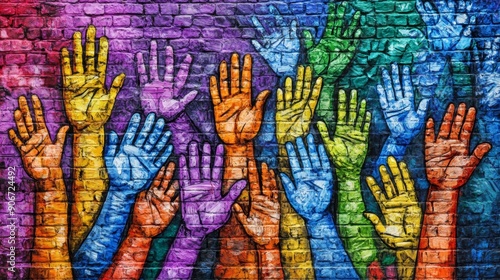 Vibrant Multicultural Mural: Diverse Hands Reaching Out in Unity. Colorful DEIB Artwork Celebrating Community Spirit and Inclusivity. Creative AI-Generated 4K Wallpaper for Advertising and Marketing C