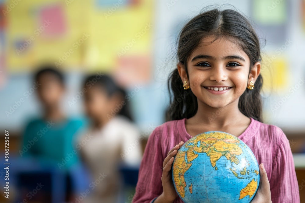 diverse young girl of South Asian Indian descent holding a globe and smiling, standing in a classroom, minimal style with copy space. Back to school. Environment concept. diverse young girl of South Asian Indian descent holding a globe and smiling, standing in a classroom, minimal style with copy space. Back to school. Environment concept.