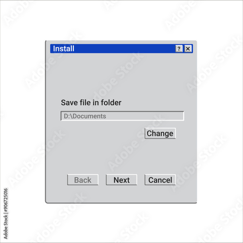 Old installation program window with path of file. Retro software for computer in blue color.