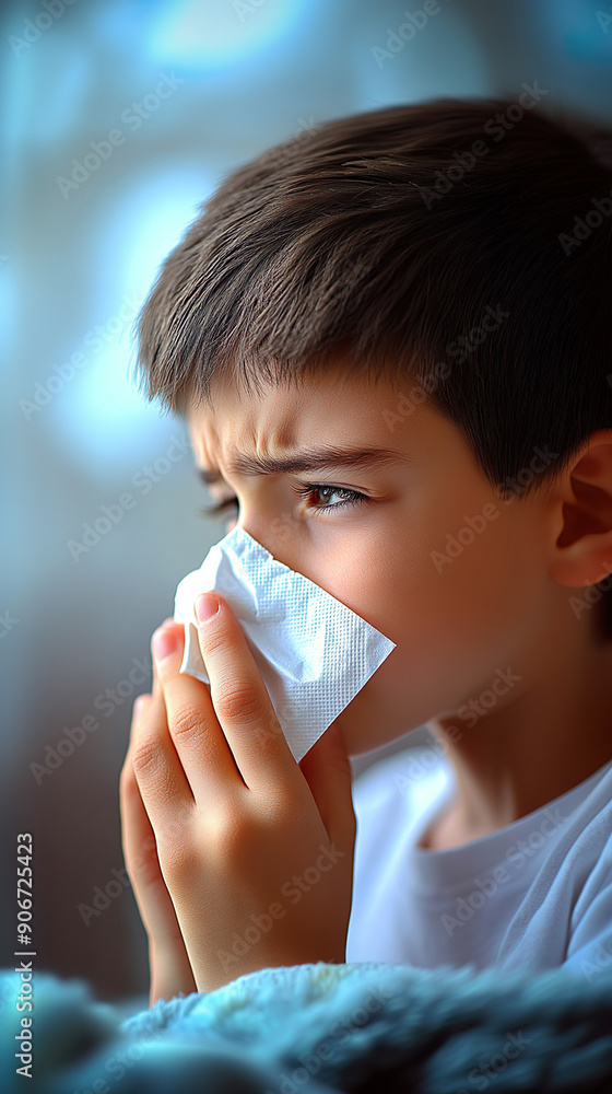 Young boy sneezing into a tissue. Represents common cold or allergy symptoms in a clean and simple setting. Children are sick conception. Young boy sneezing into a tissue. Represents common cold or allergy symptoms in a clean and simple setting. Children are sick conception.