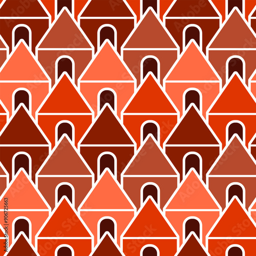 A modern geometric pattern with interlocking terracotta and brown triangles