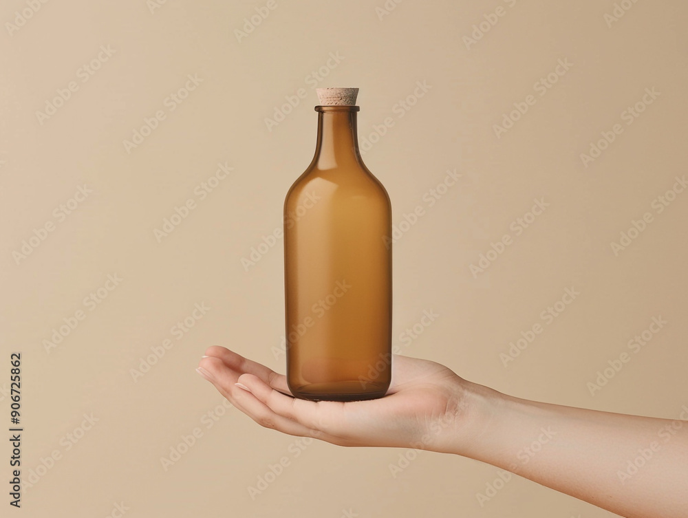 A young woman's hand is holding a beautiful unlabelled glass bottle on a plain color background. A young woman's hand is holding a beautiful unlabelled glass bottle on a plain color background.
