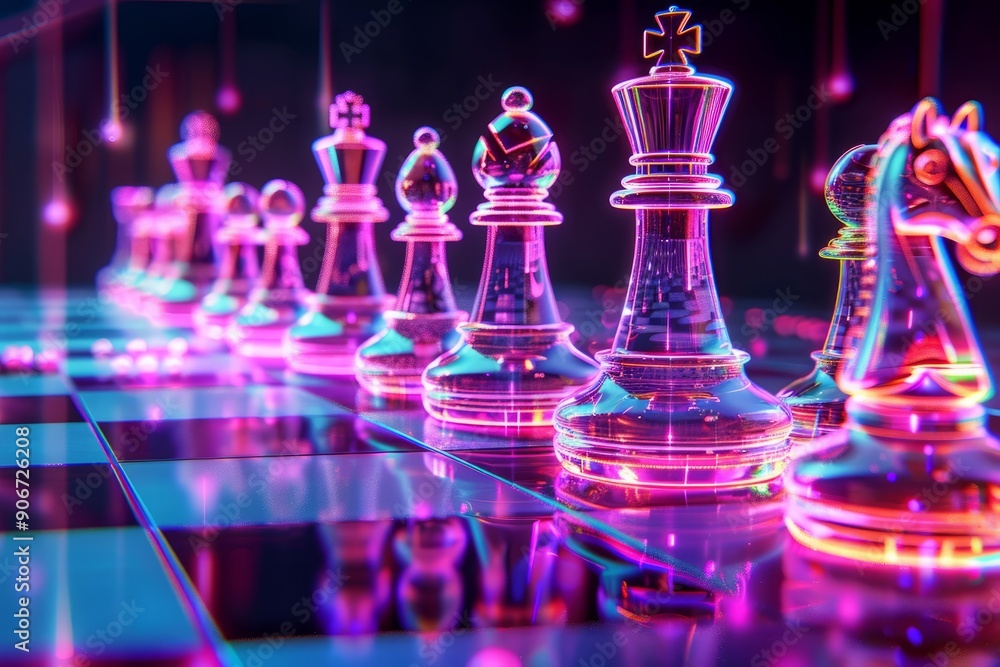 chess pieces stand on a glossy chessboard with neon lighting chess pieces stand on a glossy chessboard with neon lighting