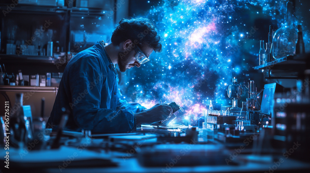 Scientist working in lab with cosmic blue energy, laboratory setting, scientific research, futuristic experiment, protective eyewear, advanced technology Scientist working in lab with cosmic blue energy, laboratory setting, scientific research, futuristic experiment, protective eyewear, advanced technology