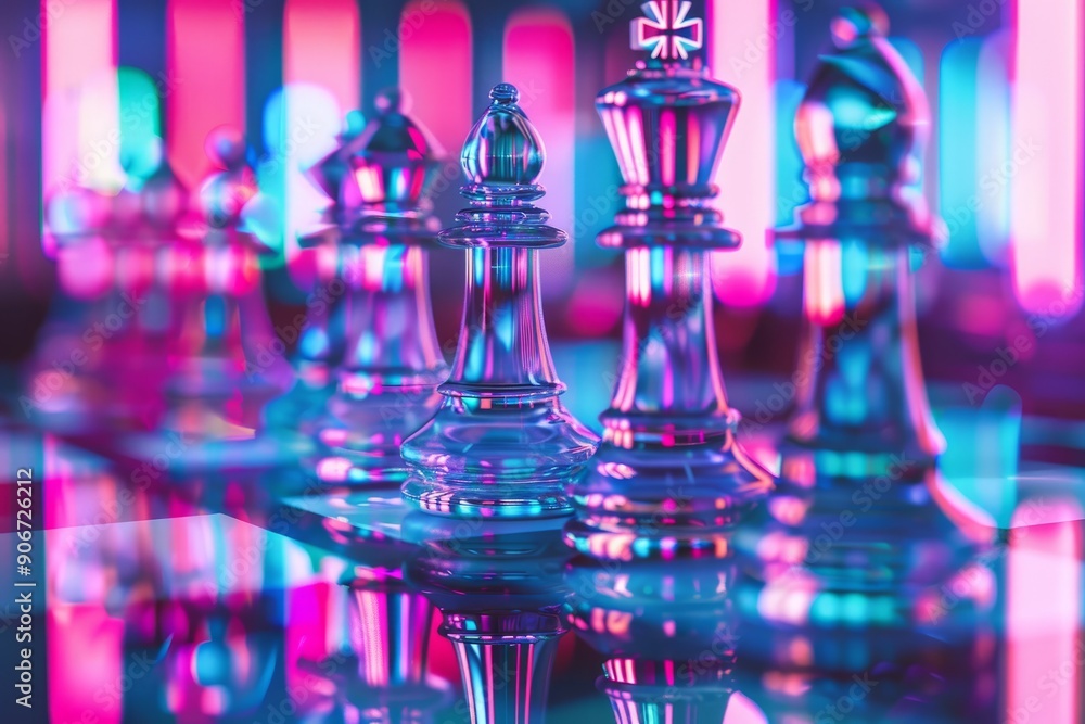 chess pieces stand on a glossy chessboard with neon lighting chess pieces stand on a glossy chessboard with neon lighting