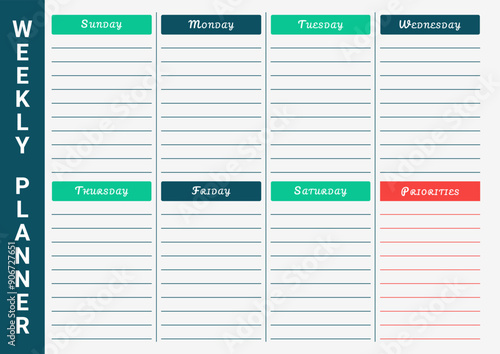 Weekly planner template. To do list with space for schedule by days of the week, priorities.. Horizontal A4 page