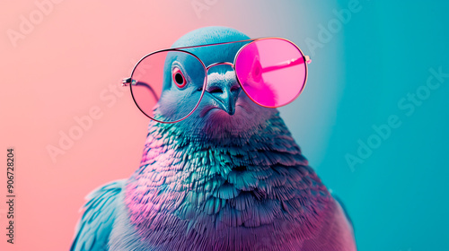 a pigeon wearing sunglasses in front of a colorful background photo