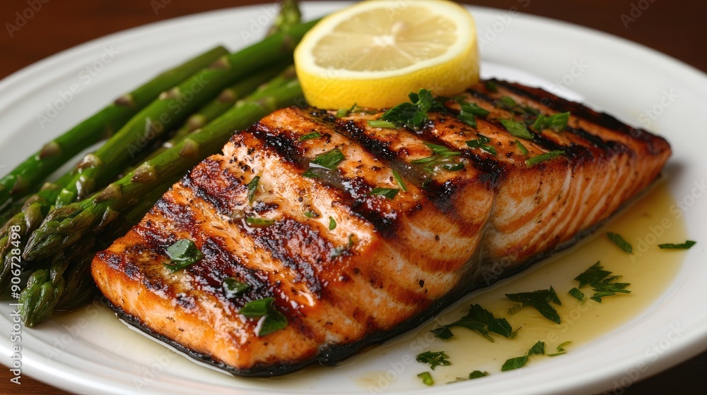 Perfectly grilled salmon with a lemon garnish and a side of asparagus Perfectly grilled salmon with a lemon garnish and a side of asparagus