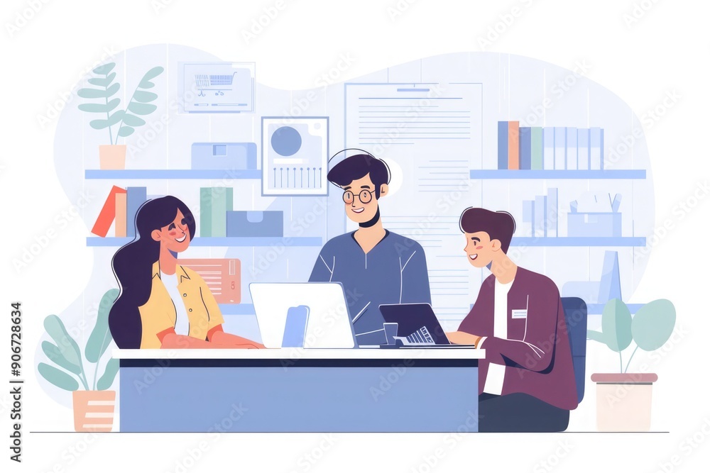 Sales consultant advises people who chooses new digital devices in store. Professional consultation Sales consultant advises people who chooses new digital devices in store. Professional consultation