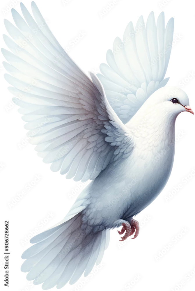 Obraz premium A white dove is flying in the air. The image has a peaceful and serene mood, as the dove is a symbol of peace and freedom