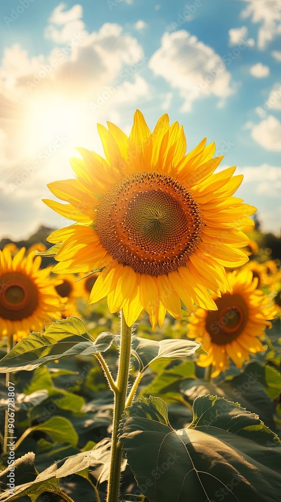Fototapeta premium Golden Sunset Over Blooming Sunflower Field