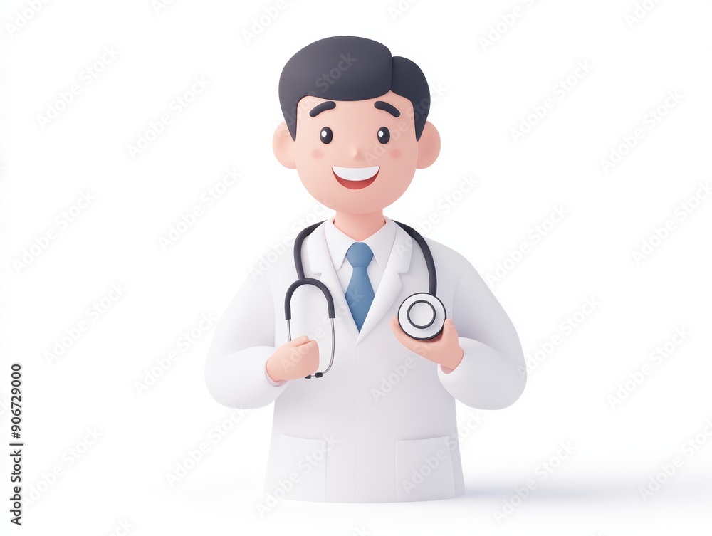 Fototapeta premium A 3D clipart of a cheerful doctor holding a stethoscope, in a bright and clean setting, white background, high-resolution photo, realistic photo
