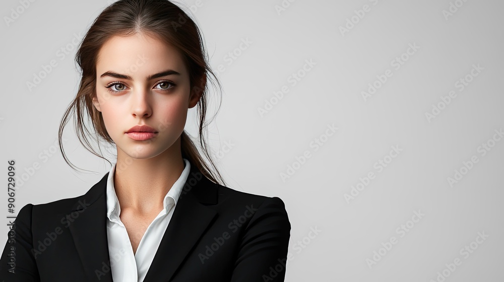 Focused businesswoman with a stern look, blank space on the right for promotional text or logos Focused businesswoman with a stern look, blank space on the right for promotional text or logos