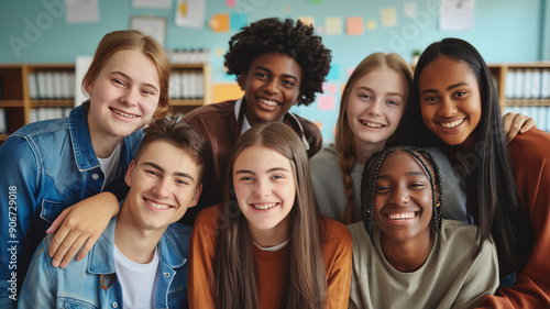 A diverse group of smiling teenagers posing together in a classroom, showcasing unity and friendship in an educational setting.