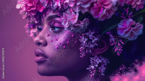 Stylish Cosmetics Concept Background. Beautiful Pink and Purple Blooms Surround a Beautiful Woman.