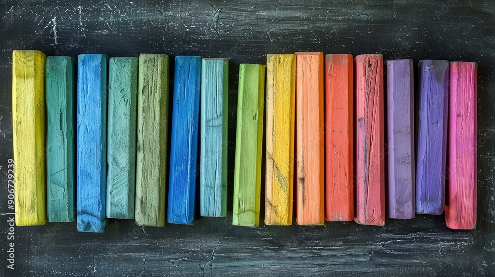 A row of colorful chalk sticks arranged on a black chalkboard background. A row of colorful chalk sticks arranged on a black chalkboard background.