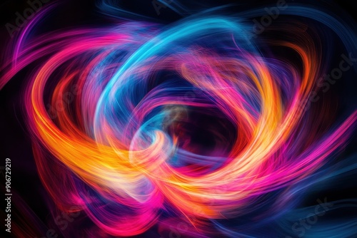 Vibrant abstract light painting with swirling neon colors creating a dynamic and energetic visual effect on a dark background.