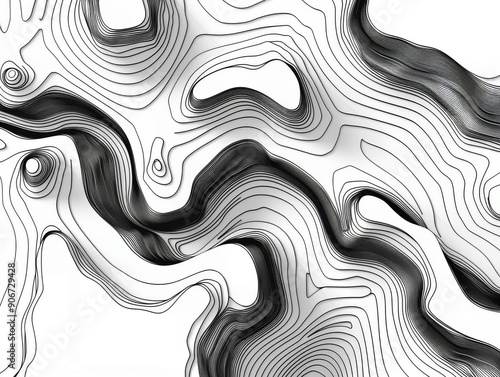 A black and white drawing of a river with a lot of curves and lines