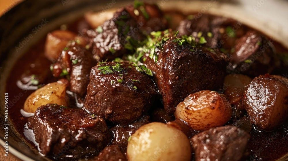 Savory beef bourguignon with tender meat and rich red wine sauce.