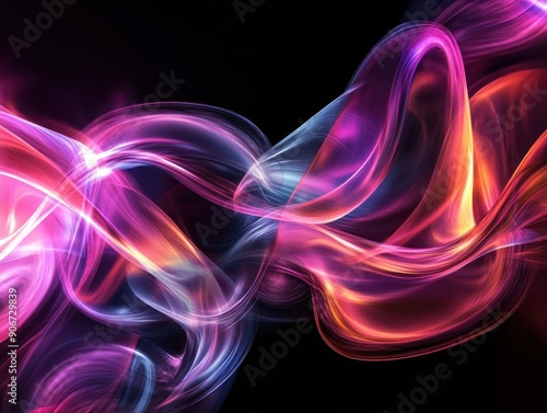 Vibrant swirling abstract background with colorful neon light waves on a dark backdrop, perfect for creative designs and digital art.