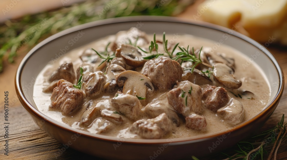 Savory beef stroganoff with tender meat and a creamy mushroom sauce. Savory beef stroganoff with tender meat and a creamy mushroom sauce.