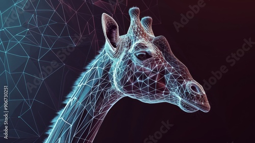 Abstract polygonal giraffe head with vibrant blue and red hues.  Digital art style with a geometric network effect.  Perfect for technology, nature, or animal themes. photo