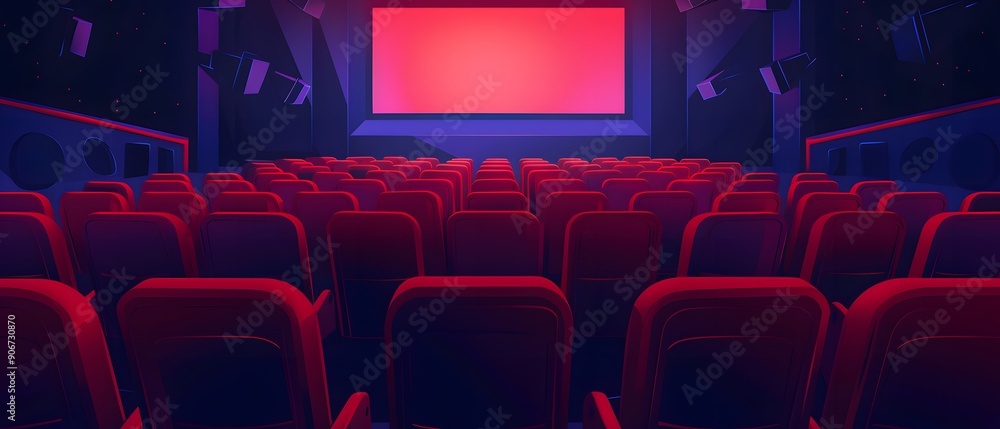 Fototapeta premium Empty movie theater seats with a blank screen.