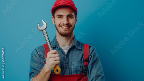 Smiling Plumber with a Wrench: Ready to Fix Your Plumbing Problems