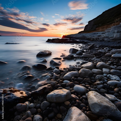 Coastal Sunset with Smooth Stones