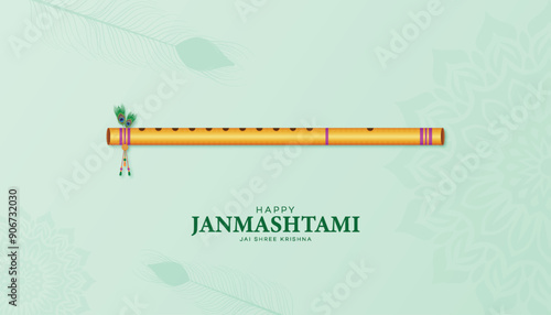 Janmashtami, with Traditional Flute and Peacock Feather Design on Elegant Green Background, Happy Janmashtami, Banner, Krishna Janmashtami, illustration Art, Happy Krishna Janmashtami,
