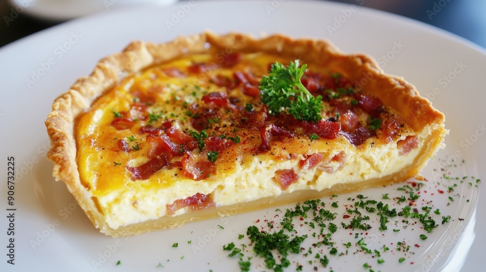 Savory quiche Lorraine with bacon and cheese, beautifully plated. Savory quiche Lorraine with bacon and cheese, beautifully plated.