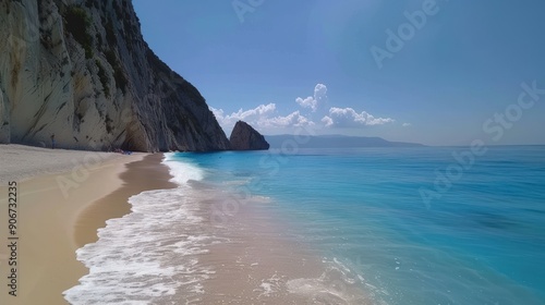 Tranquil Beach Scene with a Dramatic Rocky Cliffside photo