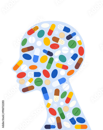 Medications. Various forms of pills, capsules and tablets fills head silhouette. Female head shape. Treatment, recovery, therapy concept. Simple and quite vector illustration.