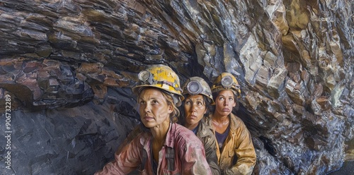 Portrait of Three Tired Female Miners Working Underground.Generated image photo