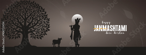 Janmashtami, with this serene silhouette of woman, cow & tree under moonlight, Happy Janmashtami, Banner, Krishna Janmashtami, illustration Art, Happy. Janmashtami Banner,
