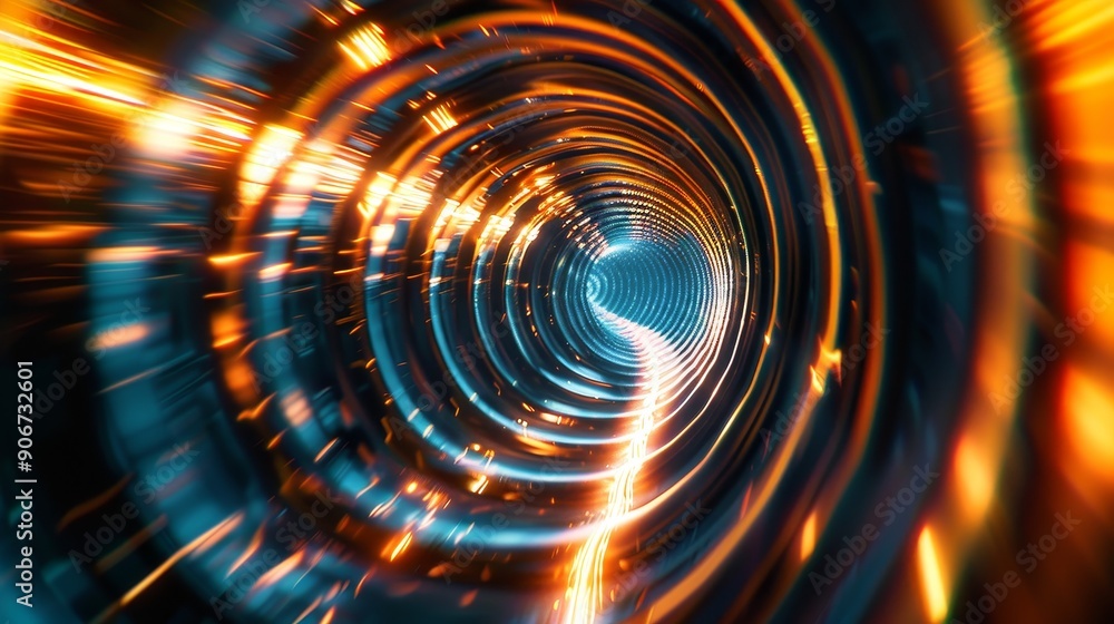 Abstract glowing tunnel with vibrant orange, blue and gold colors. A digital art concept with futuristic and modern feel. Abstract glowing tunnel with vibrant orange, blue and gold colors. A digital art concept with futuristic and modern feel.