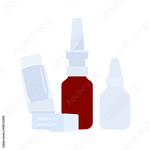 Various medications for breathing and nose - Inhaler, nose spray. Medicals for treatment and prevention. Asthma, shortness of breath, pulmonary disease. Simplicity and flat vector illustration.