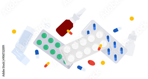 Various medications are floating on white background. Assorted medical pills, tablets in blisters, drugs, inhaler of asthma, drops. Treatment, drugstore, prescription and health care concept