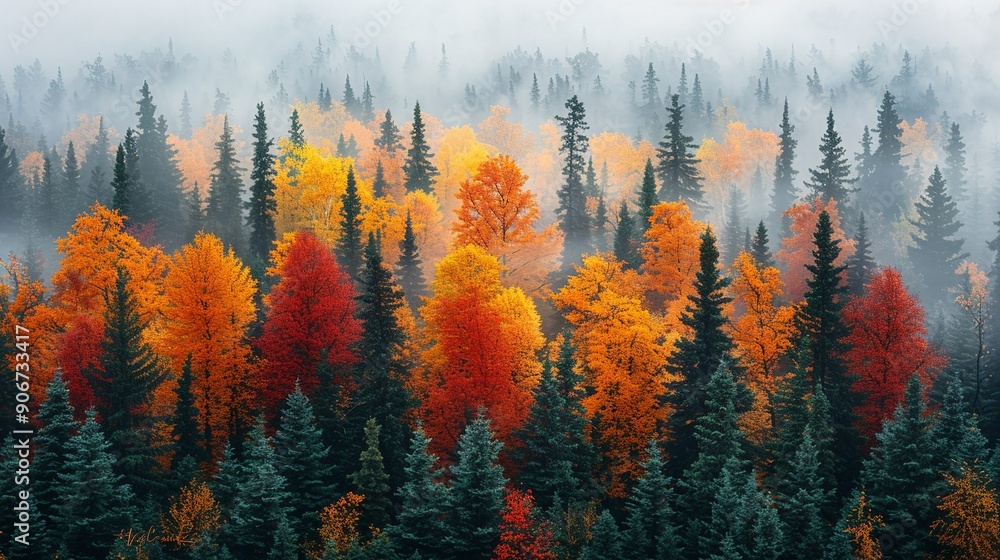 Obraz premium Captivating image of a forest in autumn with vibrant colors and a backdrop of smoky haze, highlighting the impact of climate change on seasonal changes and air quality. high resolution Illustration,