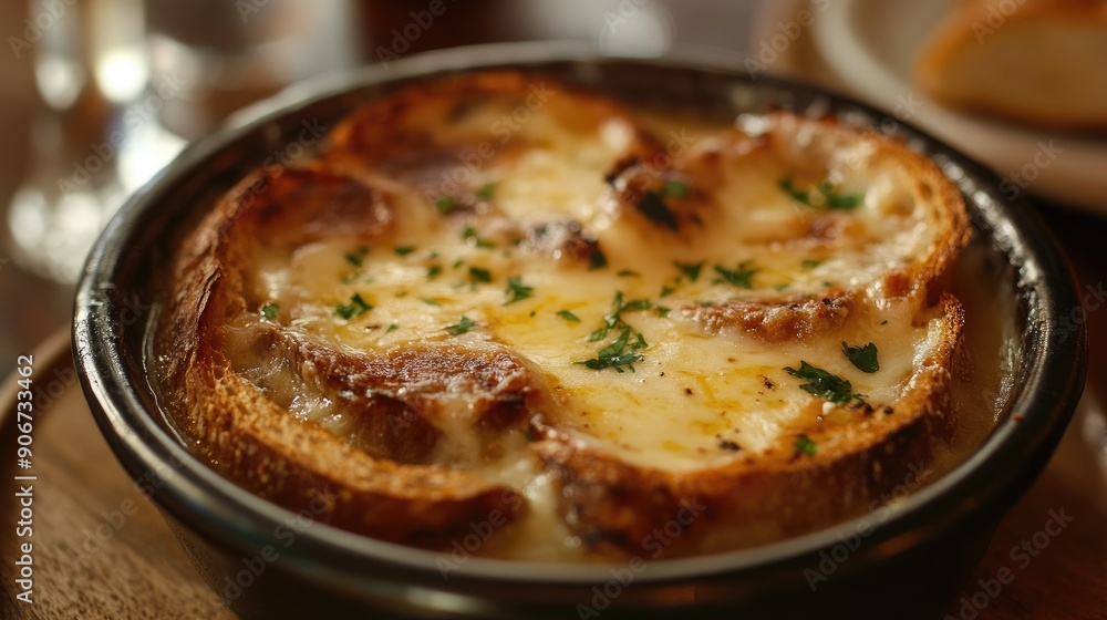 Traditional French onion soup with melted cheese and toasted bread. Traditional French onion soup with melted cheese and toasted bread.